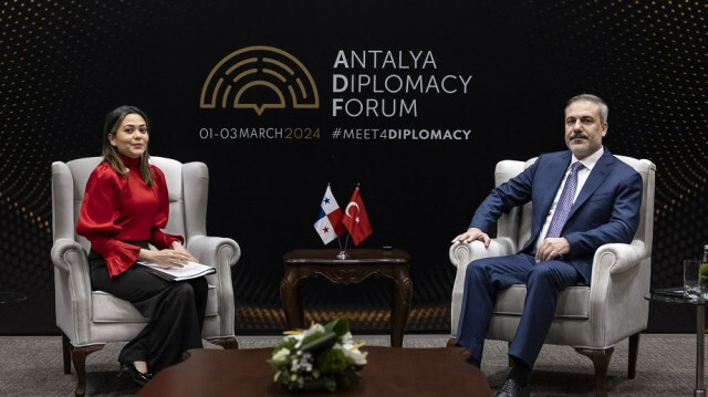 Turkish Foreign Minister Hakan Fidan (R) meets with Panama Foreign Minister Janaina Tewaney Mencomo (L) within the Antalya Diplomacy Forum 2024 (ADF) at NEST Congress and Exhibition Center in Antalya, Türkiye on March 03, 2024.