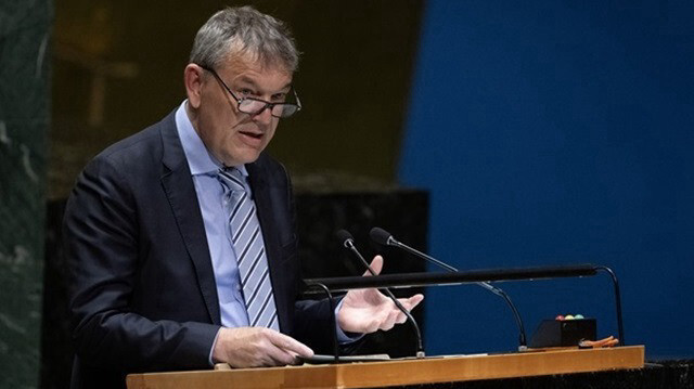 Le commissaire général de l'Office de secours et de travaux des Nations Unies pour les réfugiés de Palestine dans le Proche-Orient (UNRWA), Philippe Lazzarini, lors de sa participation à l'Assemblée générale des Nations Unies à New York, aux États-Unis, le 04 mars 2024.