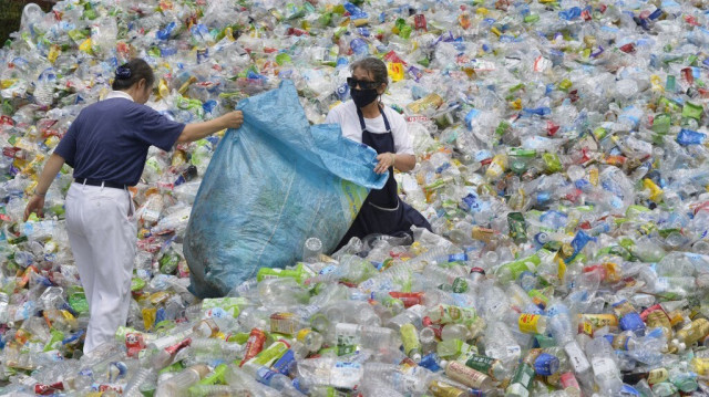 Volontaires triant des bouteilles en plastique dans un centre de recyclage à Taipei.