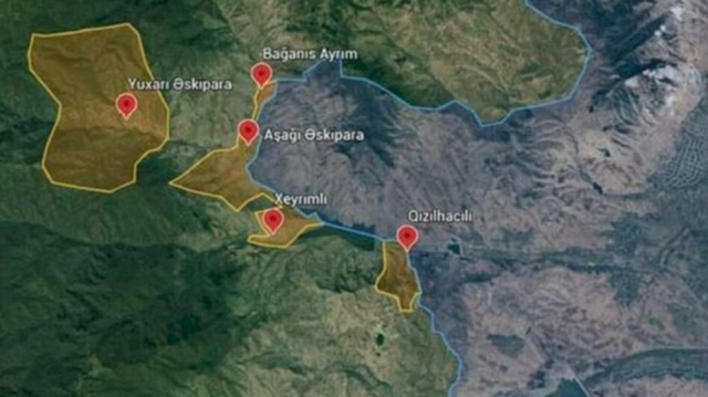Carte montrant, en jaune, les villages azerbaïdjanais enclavés en Arménie restitués par celle-ci à l'Azerbaïdjan.