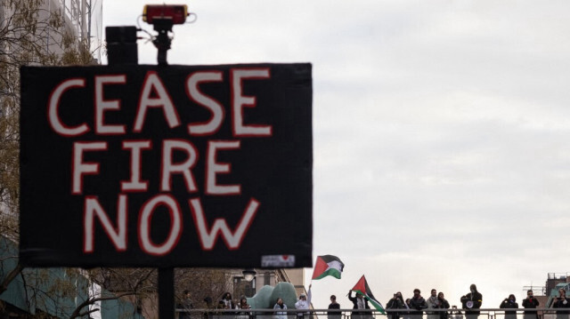 Des manifestants pro-palestiniens lors d'un rassemblement "All out for Palestine" devant l'université de Columbia à New York, le 2 février 2024