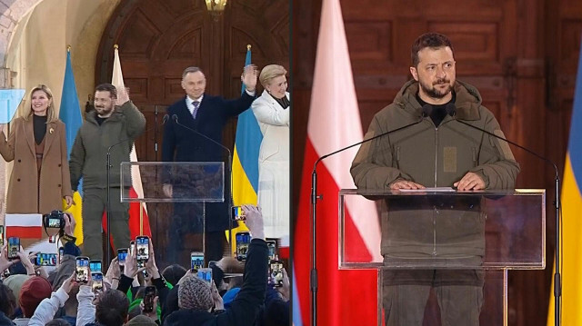 Le président ukrainien Volodymyr Zelensky remercie la Pologne et son président Andrzej Duda pour le soutien apporté depuis le début de la guerre, le 5 mars 2024.
