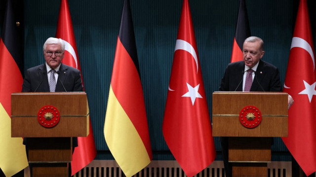 Le président de la République de Türkiye, Recep Tayyip Erdoğan et son homologue allemand, Frank-Walter Steinmeier lors d'une conférence de presse suite à leur rencontre au Palais présidentiel d'Ankara, en Türkiye, le 24 avril 2024.