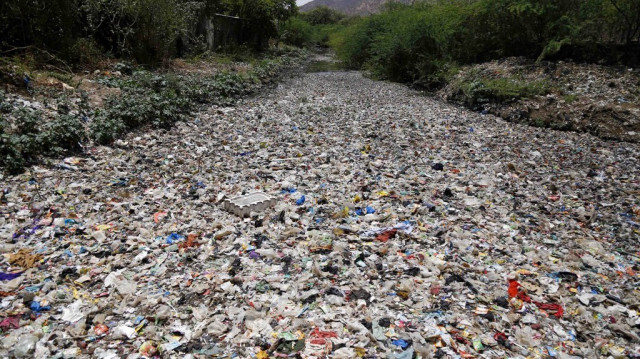 Des déchets flottent le long d'une rivière à Ajmer, dans l'État indien du Rajasthan, le 8 mai 2018.