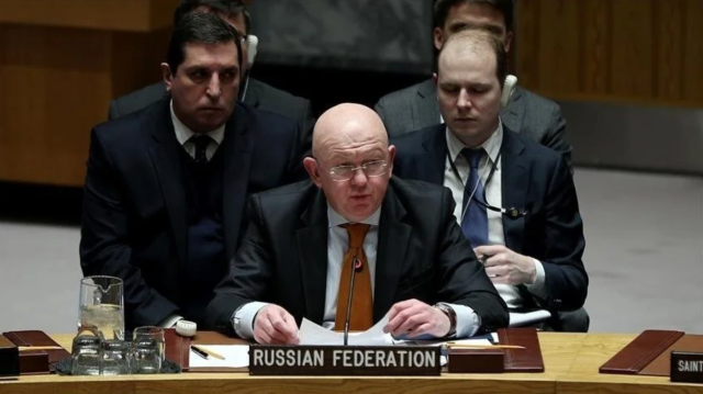 Le représentant permanent de la Russie auprès de l’Onu, Vassili Nebenzia, lors d'une réunion du Conseil de sécurité, le 28 février 2024.