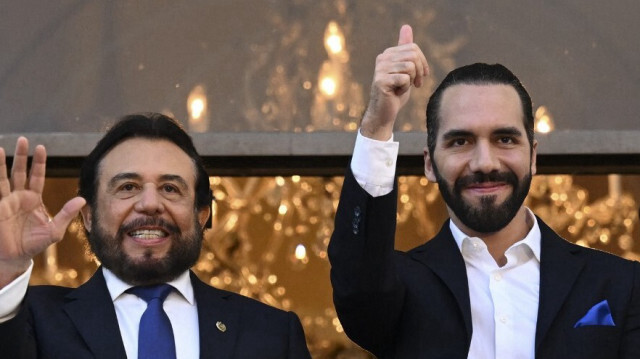 Le président salvadorien Nayib Bukele et le vice-président salvadorien Felix Ulloa au Théâtre national dans le centre historique de San Salvador, le 29 février 2024.