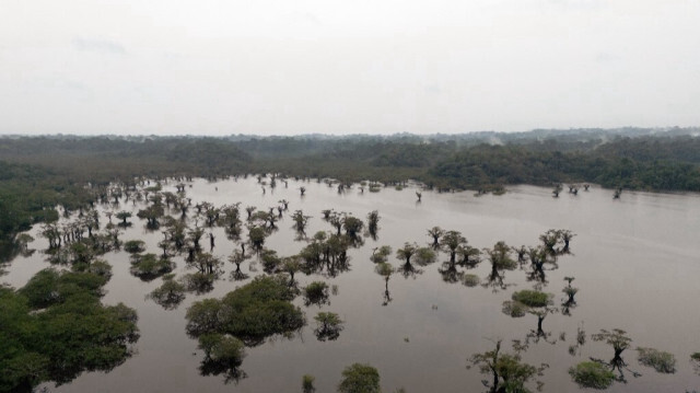 Vue aérienne de la Laguna Grande dans la forêt tropicale amazonienne protégée de Cuyabeno, en Équateur, le 26 mars 2024.