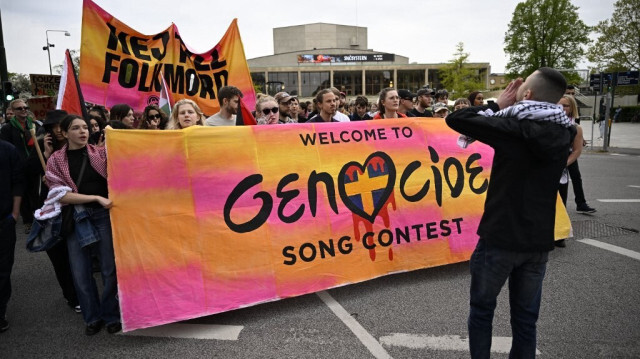 La manifestation à Malmö, en Suède, pour protester contre la participation d'Israël à la 68e édition du Concours Eurovision de la chanson (CES), le 9 mai 2024.