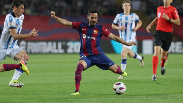 Le milieu de terrain du FC Barcelone, Ilkay Gündogan, lors du match de football de la ligue espagnole entre le FC Barcelone et la Real Sociedad au stade Olympique Lluis Companys, le 13 mai 2024.