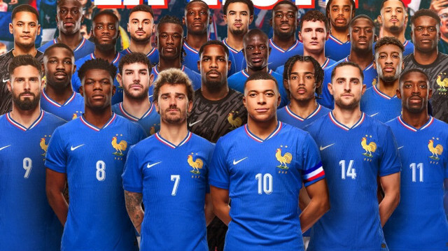 Photomontage montrant la liste des 25 joueurs sélectionnés en équipe de France pour disputer l'Euro 2024.