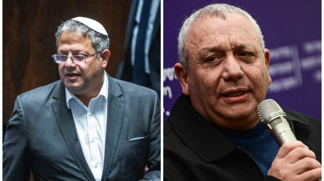 İşgalci İsrail'in aşırı sağcı Ulusal Güvenlik Bakanı Itamar Ben-Gvir ile Savaş Kabinesi üyesi ve eski Genelkurmay Başkanı Gadi Eisenkot.