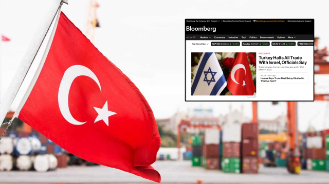 Bloomberg'te yer alan 'Türkiye, İsrail'e tüm ticareti durdurdu' başlıklı haber.
