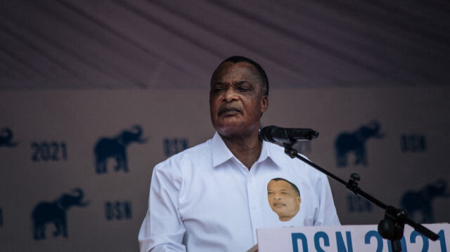  Le président Denis Sassou-Nguesso, alors candidat à l'élection présidentielle, prononce un discours lors de son dernier meeting de campagne, à Brazzaville, le 19 mars 2021. 