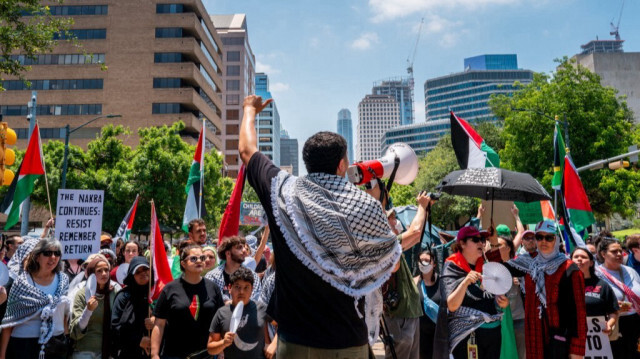 Des manifestants pro-palestiniens protestent contre la guerre en cours menée par Israël à Gaza lors de la commémoration annuelle de la Nakba au Capitole de l'État du Texas, à Austin, au Texas, le 19 mai 2024.