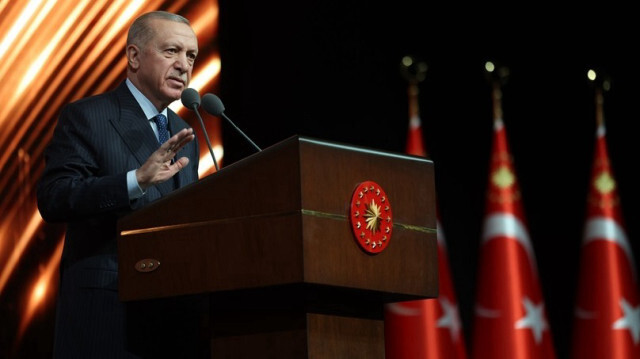 Le Président turc, Recep Tayyip Erdogan, prononce un discours lors de la remise des prix internationaux de la bienveillance au centre culturel et de congrès de la nation de Bestepe à Ankara en Turkiye, le 22 mai 2024.
