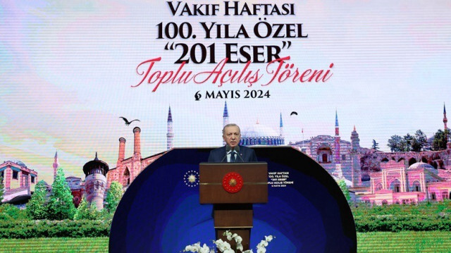 Le Président turc, Recep Tayyip Erdogan prononce un discours lors de la cérémonie d'ouverture des 201 œuvres restaurées au centre national des congrès et de la culture à Ankara en Turkiye, le 06 mai 2024.
