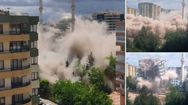 Diyarbakır'da depremde ağır hasar alan 12 katlı bina, yıkım sırasında çöktü.