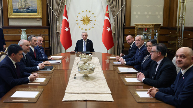 Cumhurbaşkanı Erdoğan'ın kabulü Cumhurbaşkanlığı Külliyesi'nde gerçekleşti.
