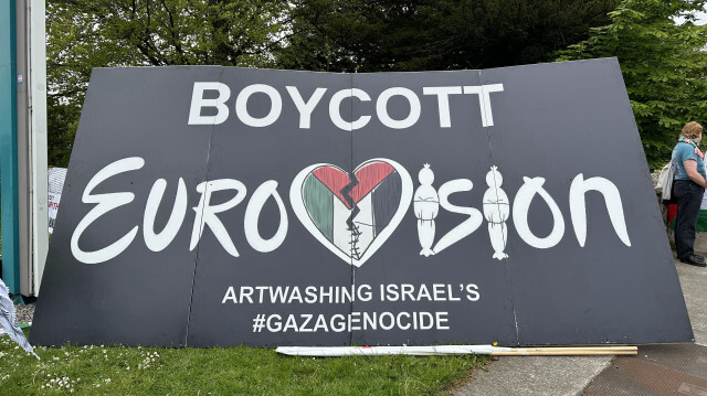 Manifestation à Dublin, en Irlande, contre la participation d'Israël à l'Eurovision 2024 en raison de la guerre à Gaza, le 2 mai 2024.