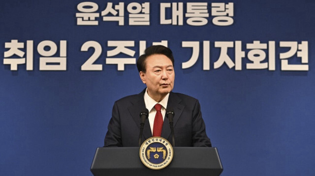 Le président sud-coréen Yoon Suk Yeol s'exprime lors d'une conférence de presse marquant ses deux années d'exercice au bureau présidentiel de Séoul, le 09 mai 2024.