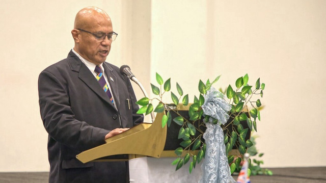 Le Premier ministre de Tuvalu, Feleti Teo, parle après une cérémonie de prestation de serment à Funafuti, la capitale de la nation de Tuvalu dans le Pacifique Sud, le 28 février 2024.