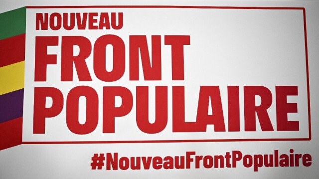 Le logo du nouveau "Nouveau Front Populaire", le pacte électoral entre les partis de gauche, avant l'annonce de la conférence de presse officielle à la Maison de la Chimie, à Paris, le 14 juin 2024.