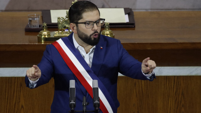 Le président chilien Gabriel Boric prononçant son message annuel sur l'état de la nation lors du congrès de Valparaiso, au Chili, le 1er juin 2024.