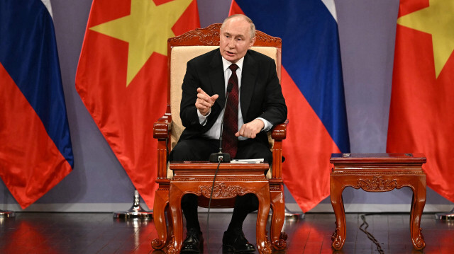 Le président russe Vladimir Poutine prononce un discours lors d'un événement avec le président vietnamien To Lam, à Hanoï, le 20 juin 2024. 