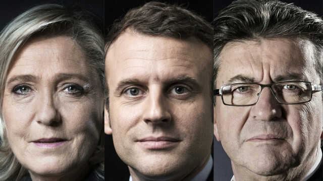 Cette combinaison d'images créée le 14 avril 2017 montre les candidats à l'élection présidentielle française de 2017 : (De Gauche)  pour le parti d'extrême droite Rassemblement national (RN) Marine Le Pen prise le 17 octobre 2016 ; pour le mouvement Ensemble ! Emmanuel Macron prise le 7 mars 2017 et pour la coalition d'extrême gauche "NUPES" Jean-Luc Mélenchon prise le 24 janvier 2017. 