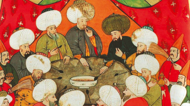 Osmanlı'dan yemek yiyen insanların bulunduğu minyatür