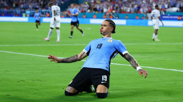 Darwin Nuñez de l'Uruguay célèbre son but face au Panama lors du match du groupe C entre l'Uruguay et le Panama de la Copa America, à Miami, en Floride, le 24 juin 2024. 