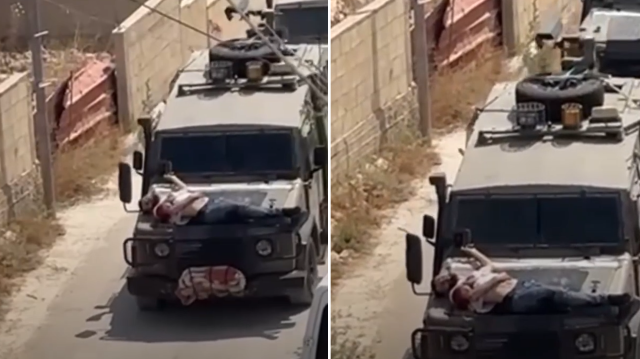 Siyonist İsrail askerleri yaralı Filistinliyi aracın kaputuna bağlayıp canlı kalkan yaptı.