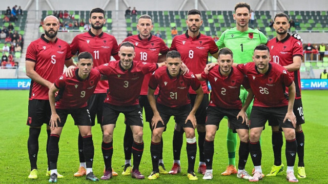 L'équipe nationale d'Albanie de football, avant le match l'opposant au Liechtenstein à Szombathely, Hongrie, le 3 juin 2024.