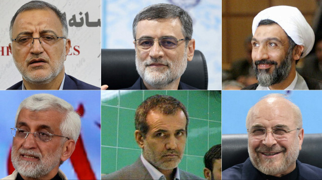 Cette combinaison d'images montre six candidats iraniens aux élections. En haut à gauche, Alireza Zakani à une conférence de presse le 29 mai 2021. À côté, Amirhossein Ghazizadeh-Hashemi saluant les journalistes le 3 juin 2024. En dessous, Mostafa Pourmohammadi lors de son investiture le 28 août 2005. À côté, Saeed Jalili lors d'une conférence de presse le 30 mai 2024. En bas à gauche, Masoud Pezeshkian à l'inauguration d'un centre le 3 février 2002, et à droite, Mohammad Bagher Ghalibaf déposant sa candidature le 3 juin 2024.