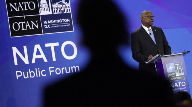 Le secrétaire américain à la défense, Lloyd Austin, prononce un discours lors d'un forum public de l'OTAN dans le cadre du sommet de l'OTAN 2024, le 10 juillet 2024 à Washington, DC.