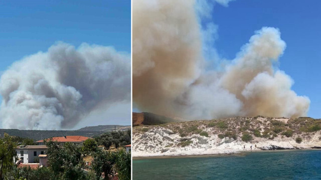 İzmir'in Çeşme ilçesinde ormanlık alanda çıkan yangına müdahale ediliyor.