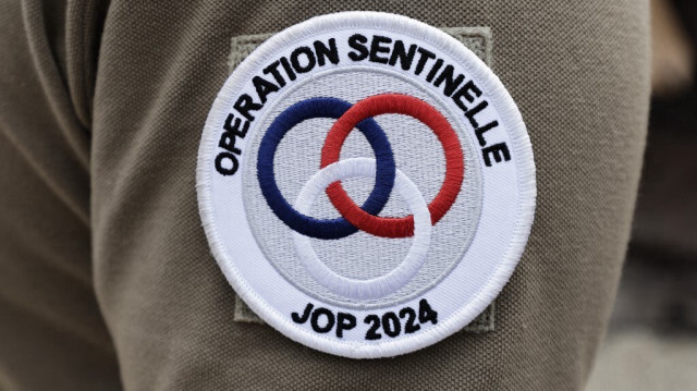 Un insigne de l'opération Sentinelle JOP 2024 au camp militaire Alain Mimoun le jour de son inauguration, à Paris, en France, le 5 juillet 2024. 