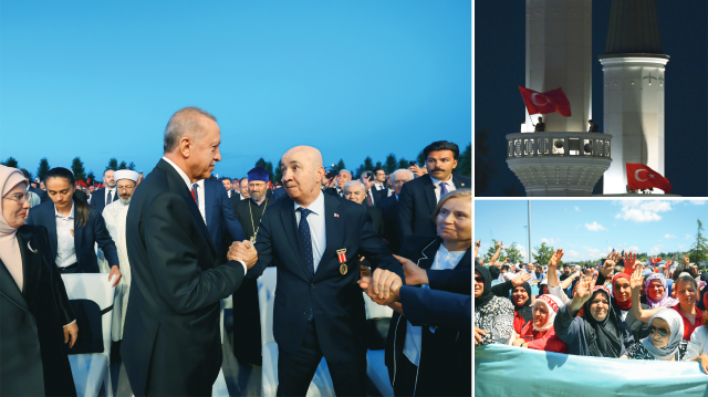 Cumhurbaşkanı Erdoğan, Külliye'de düzenlenen programa katılan 15 Temmuz gazisi Turgut Aslan'la bir süre sohbet etti.