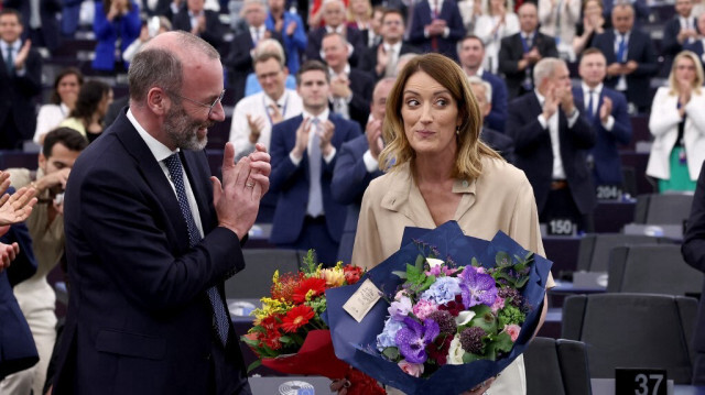 La présidente du Parlement européen, Roberta Metsola après avoir été élue nouvelle présidente du Parlement européen lors de la première session plénière de l'Assemblée européenne à Strasbourg, dans l'est de la France, le 16 juillet 2024. 