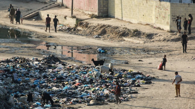 Un animal mort gît près d'un tas d'ordures tandis que des chèvres se nourrissent des déchets ménagers près d'une rue couverte d'eaux usées stagnantes à Deir el-Balah, dans le centre de la bande de Gaza, le 19 juillet 2024.