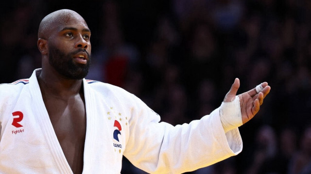 Teddy Riner après sa victoire en finale des +100 kg du tournoi de judo Paris Grand Slam, à Paris, le 4 février 2024. 