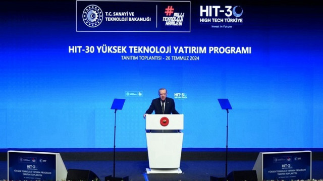 Le Président turc, Recep Tayyip Erdogan lors de la présentation du programme d'incitation à la haute technologie au centre culturel Ataturk d'Istanbul en Turkiye, le 26 juillet 2024.