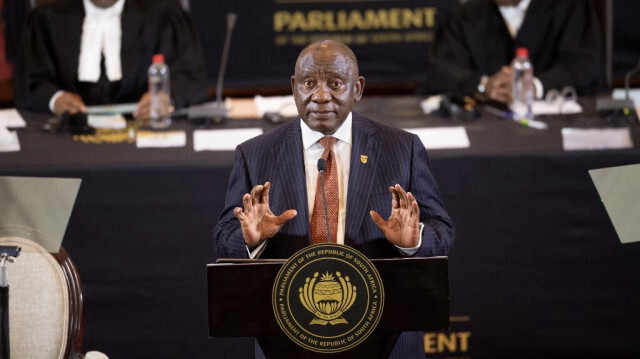 Cyril Ramaphosa, le président sud-africain, prononce le discours d'ouverture du Parlement à l'hôtel de ville du Cap, où le Parlement sud-africain siège pour la première fois après les élections générales, le 18 juillet 2024, au Cap. 