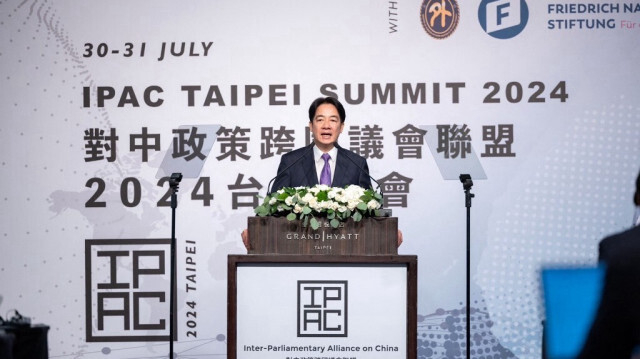 Le président taïwanais Lai Ching-te s'exprimant lors d'une réunion de l'Alliance interparlementaire sur la Chine à Taipei, le 30 juillet 2024.