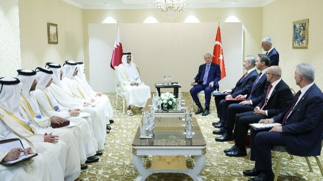 Le président turc Recep Tayyip Erdogan et l'Emir du Qatar Al Thani, à Astana, le 4 juillet 2024.