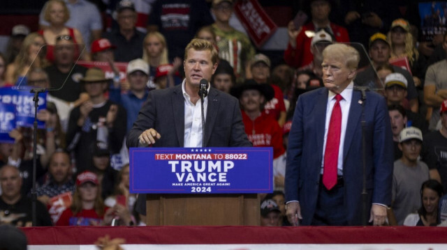 Le andidat républicain au Sénat américain, Tim Sheehy, et le candidat républicain à la présidence Donald Trump à Bozeman, Montana, le 9 août 2024.  