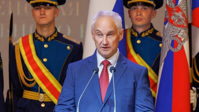 Le ministre russe de la Défense,  Andreï Belooussov lors du discours d'inauguration du forum Army 2024, à Moscou, le 12 août 2024.