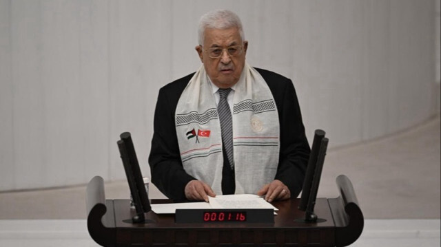 Le Président palestinien, Mahmoud Abbas lors de son discours au Parlement turc à Ankara en Turkiye, le 15 août 2024