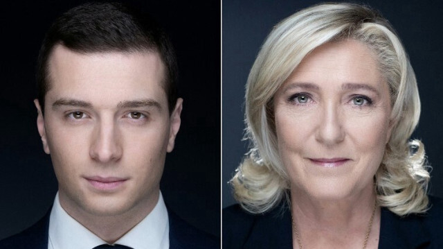 Le président du parti d'extrême droite Rassemblement National (RN) Jordan Bardella et la dirigeante de ce parti Marine Le Pen.