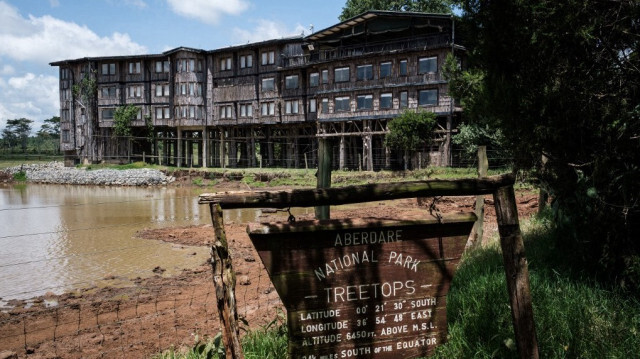 Un panneau en bois indique le Treetops Lodge, où la reine Elizabeth II a séjourné la nuit de la mort de son père, le roi, et où elle est devenue reine en 1952, dans le parc national d'Aberdare à Nyeri, au Kenya, le 10 avril 2021.